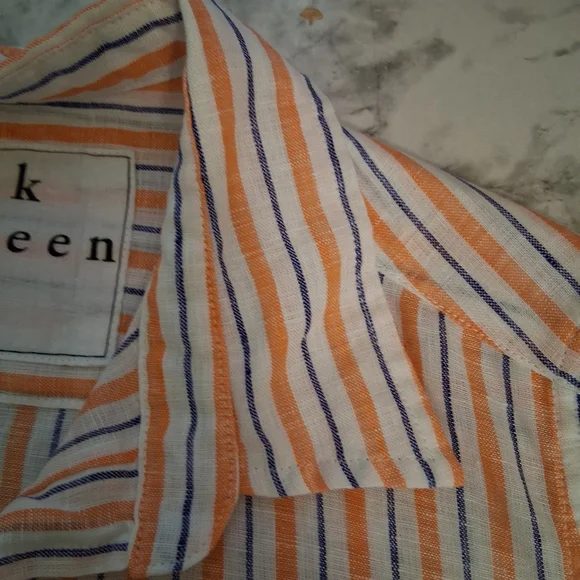 Frank & Eileen 100% Linen Orange Blue & White Stripe Button up XXS NWOT *READ - Picture 5 of 12
